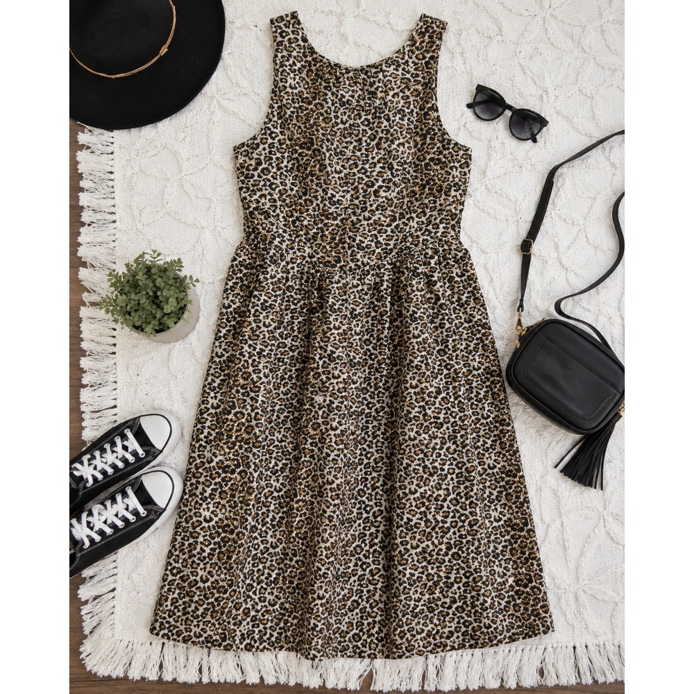 AQUA 100% Cotton Leopard Fit & Flare A Line Sleeveless Maxi Dress, Size Medium